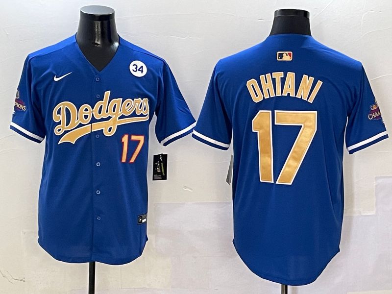 Men Los Angeles Dodgers #17 Ohtani Blue Champion gold character 2025 Nike MLB Jersey style 4092